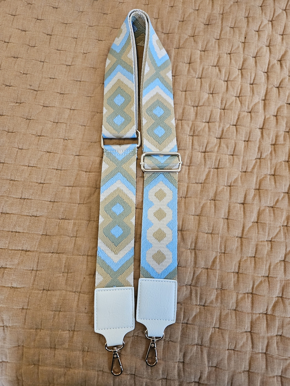 Adjustable Geometric Patterned Purse/Bag Strap in Light Blue and Tan